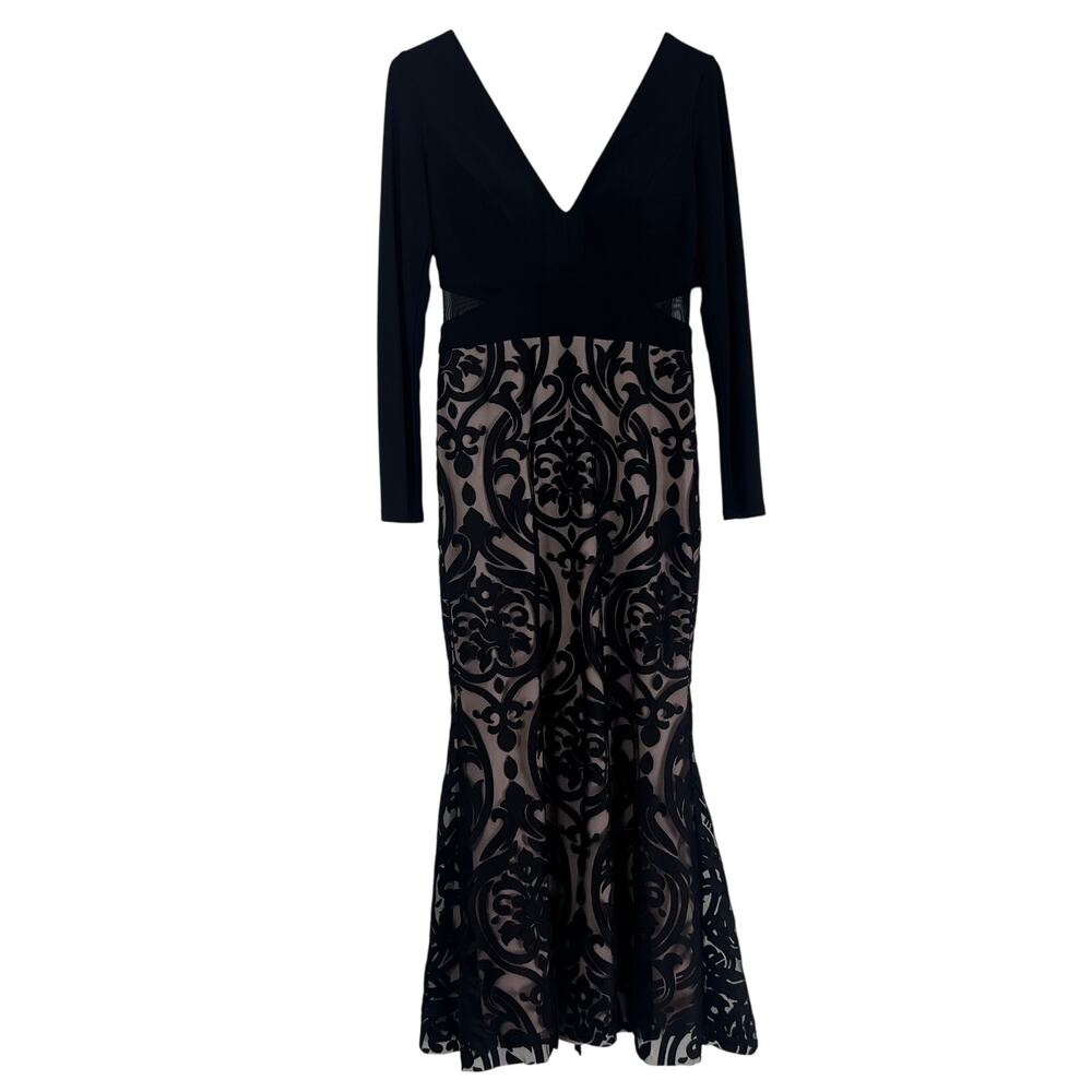 Xscape Black Flocked Mesh Mermaid Gown Long Sleeve Formal Dress 8 - Picture 2 of 9